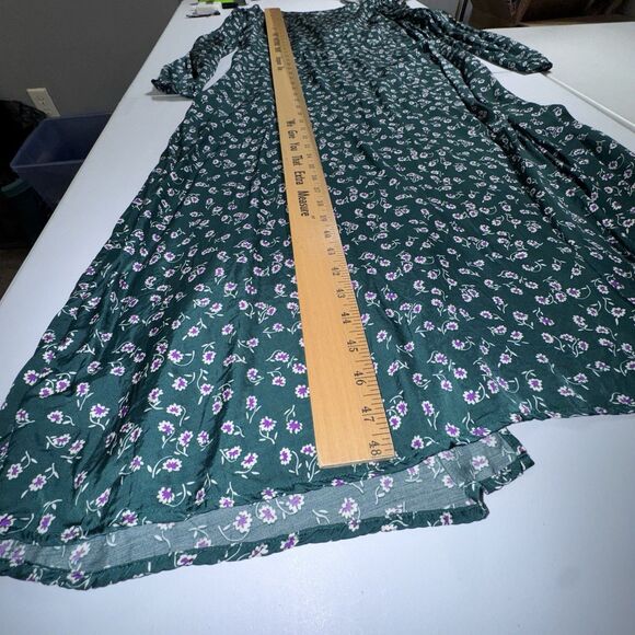 Gap Dress Womens Sz 20 Green Floral Long Sleeve Satin Puff Sleeve Midi V Neck - Picture 8 of 12